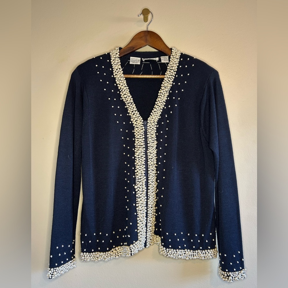 Anne Klein II vintage black and white hand beaded cardigan sweater size medium